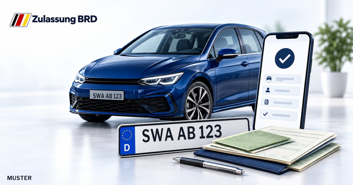 Online Fahrzeugzulassung in Waldems: Musterkennzeichen SWA AB 123, Auto und Fahrzeugpapiere und Smartphone. Illustration mit Logo von Zulassung BRD.